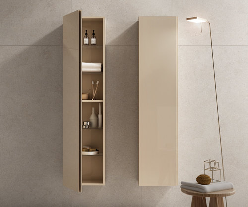 Lacquered Glossy Beige (LL.140) column with shelves in finish and in tempered glass