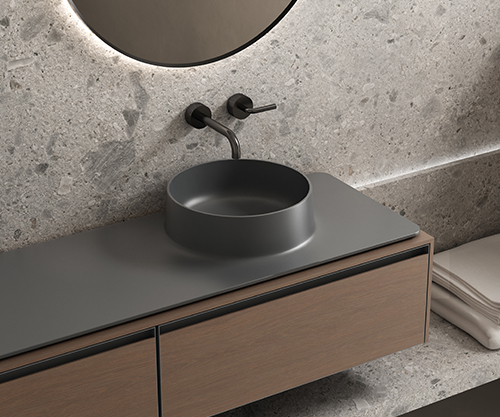 Vassoio washbasin in Solid Surface, Lacquered Matt Grigio Piombo L140 x D49 cm
