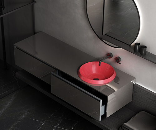 Catino washbasin, Ø46 cm, semi-recessed, Rosso Rubino Lacquered Solid Surface