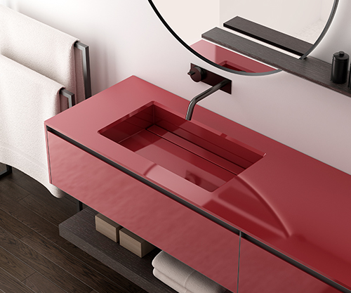 Top with integrated basin in Lacquered Glossy Rosso Rubino Solid Surface